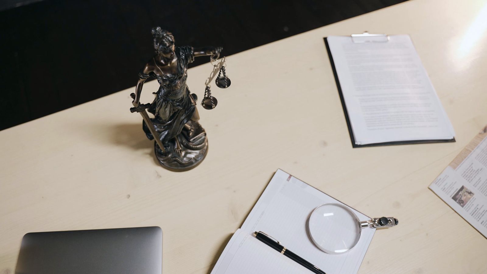 A Lady Justice statue on a desk beside legal documents